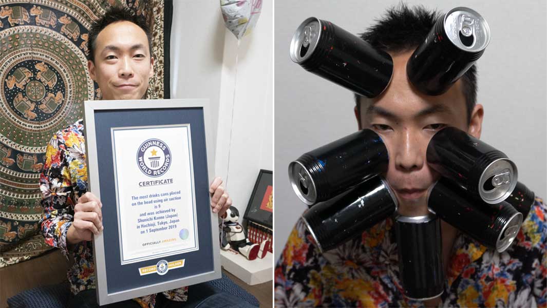 東京在住の菅野俊一さんが頭に9本の缶を頭にくっつけギネス世界記録更新 ギネス世界記録