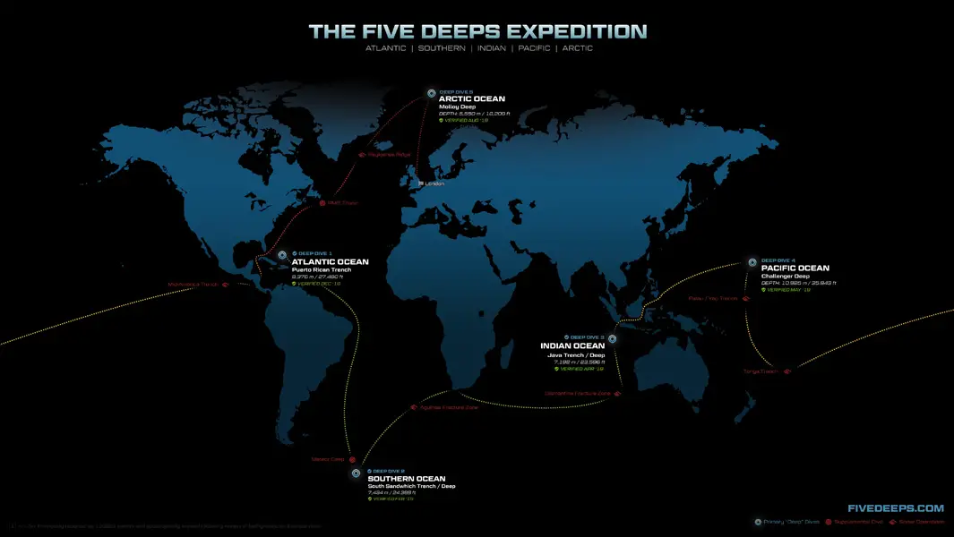 五大洋の最深部を表した地図
