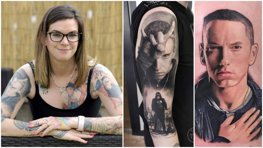 woman with 15 eminem tattoos on her body sitting down with two close up images of eminem portraits