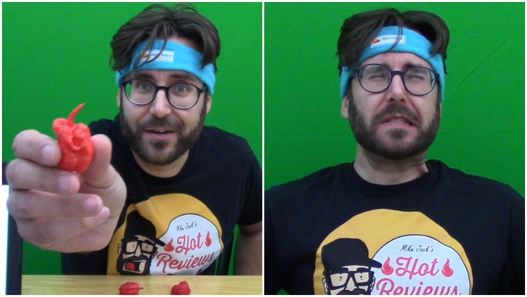 split image of mike jack holding carolina reaper to camera and while eating