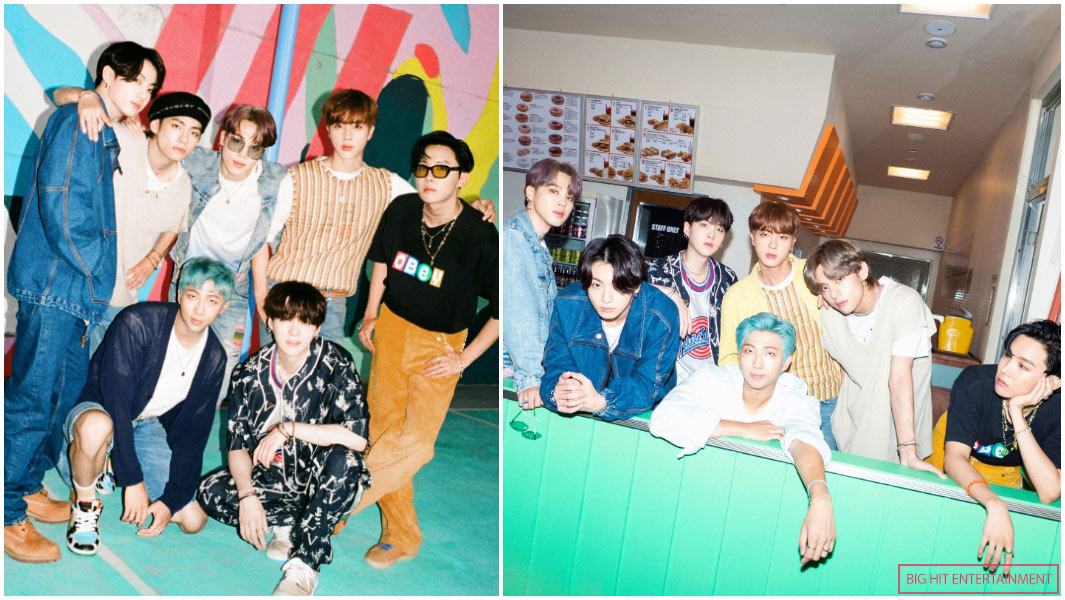 split image on left members of BTS standing in front of graffiti wall on right members of BTS in an american diner