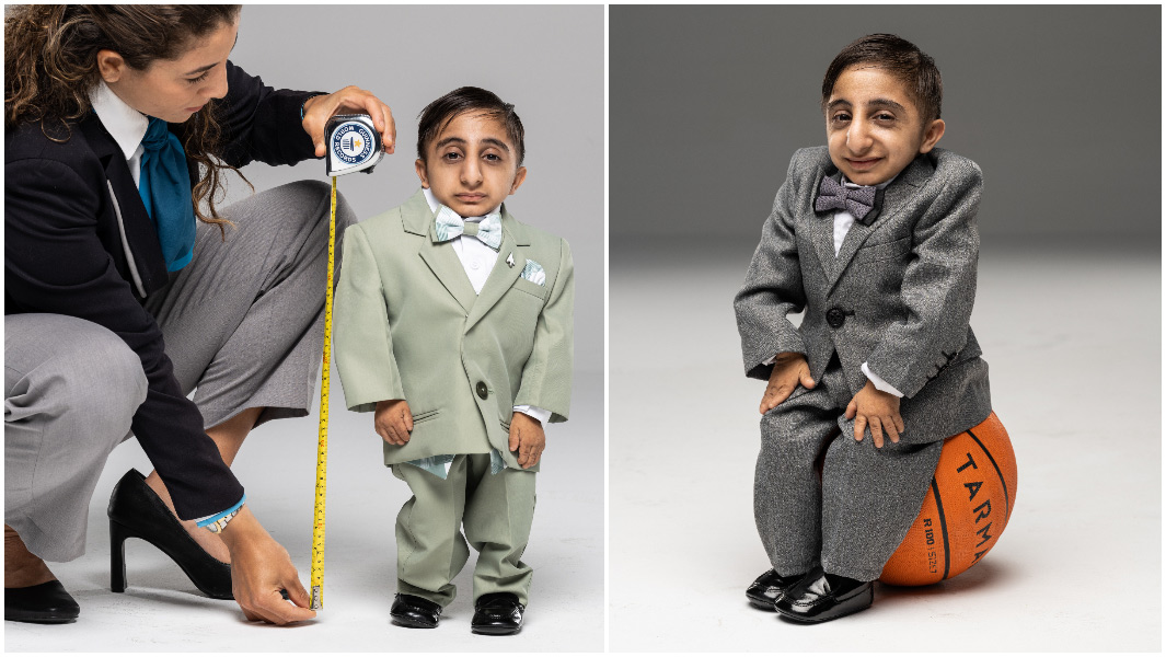split image of worlds shortest man being measured and sitting on a basketball