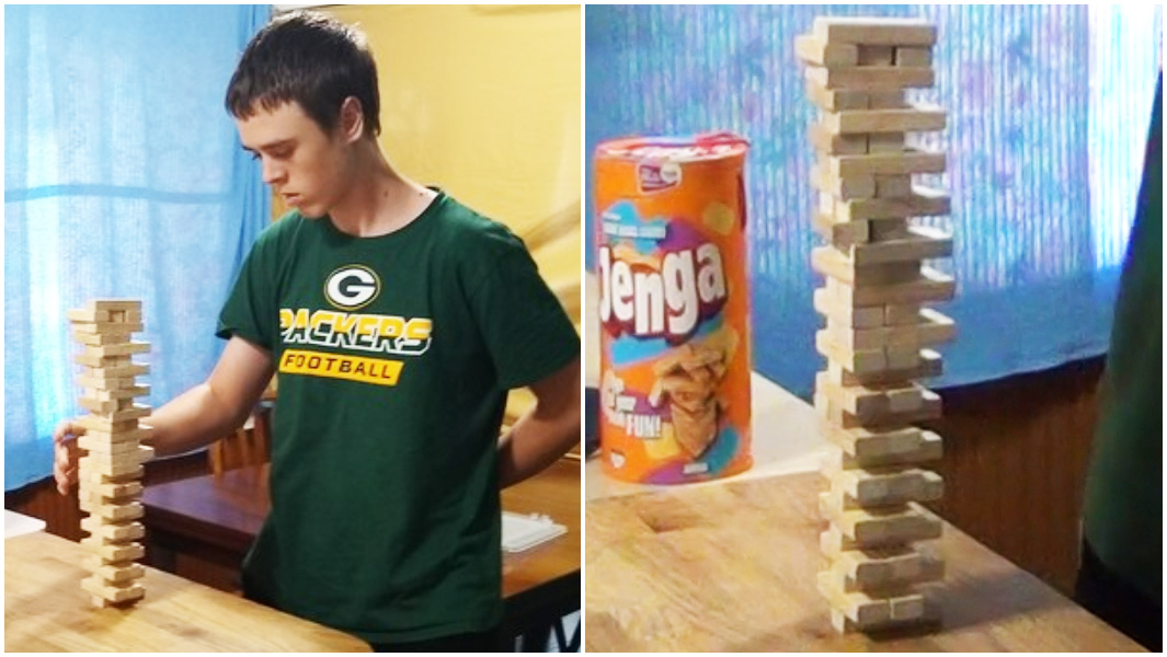 Nate stacking Jenga and close up of Jenga tower
