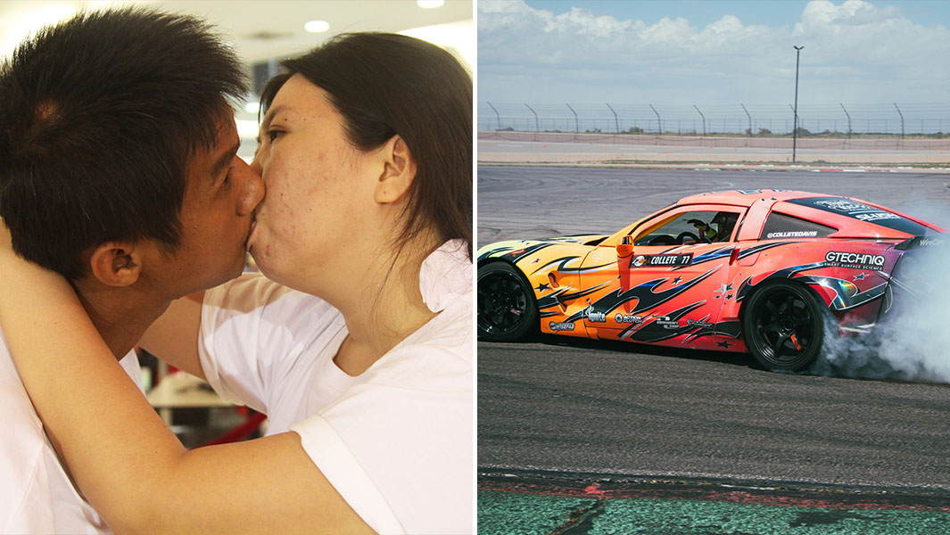 Split image of rested records the longest kiss and a car tyre burnout