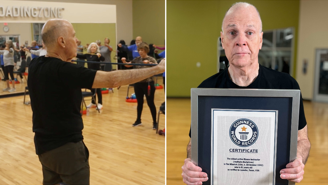 split image of oldest fitness instructor