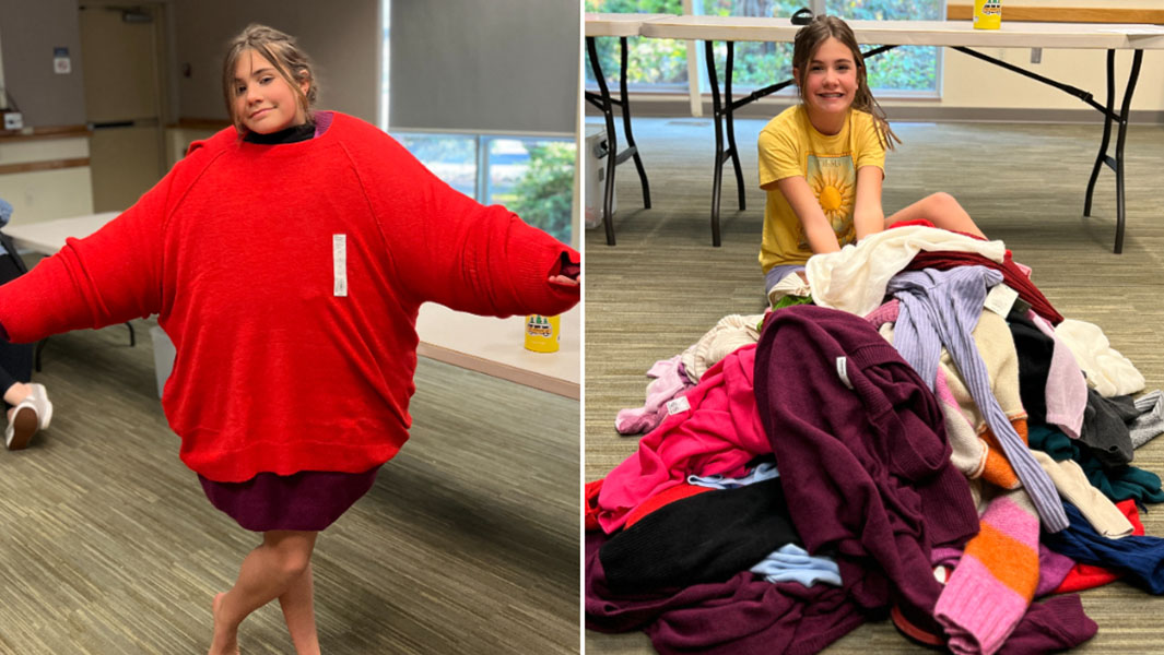 split image of Sophia Hayden wearing sweaters and sitting next to sweater pile