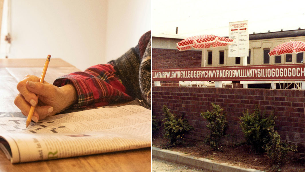 split image of crossword and Llanfairpwllgwyngyllgogerychwyrndrobwllllantysiliogogogoch sign