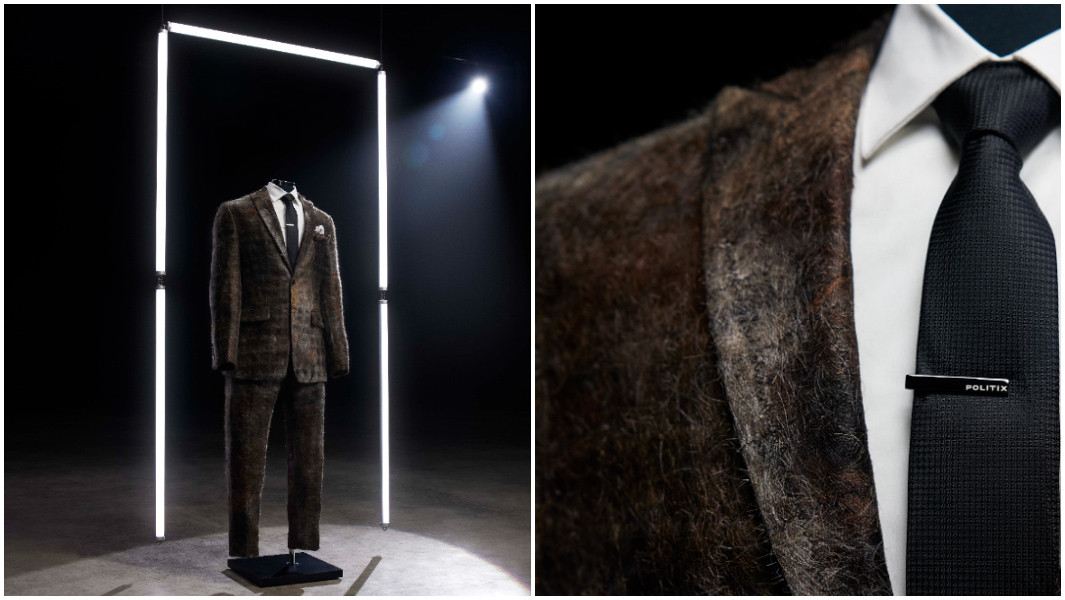 Split image of the moustache suit, close up and far away