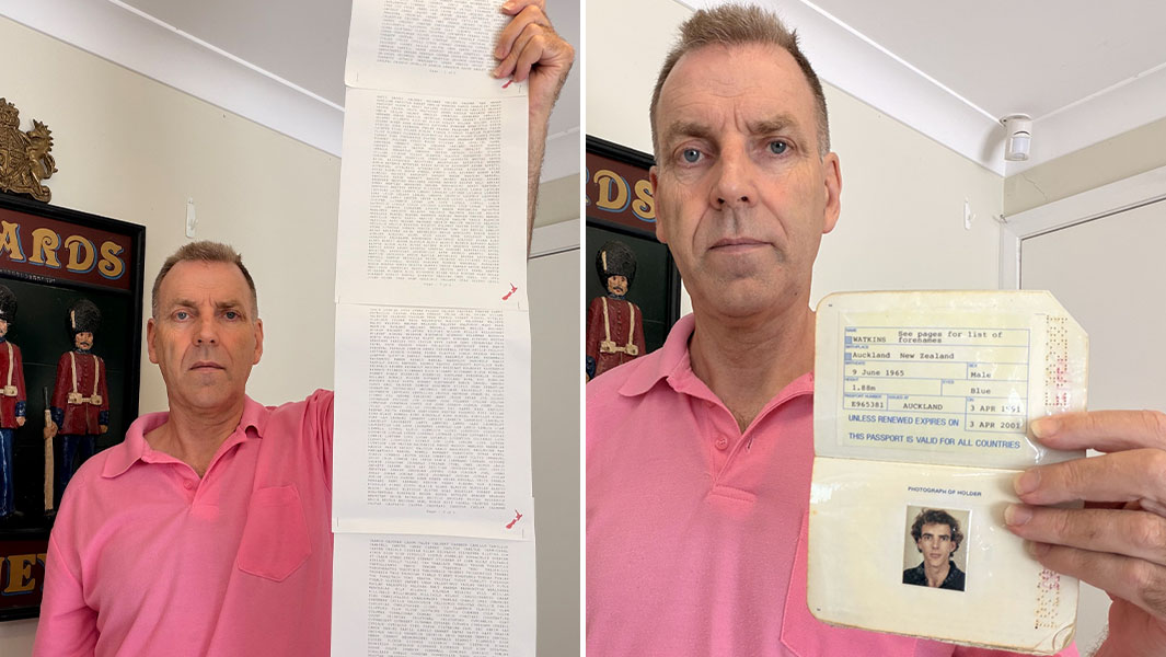split image of the man with the longest personal name holding a printout of it