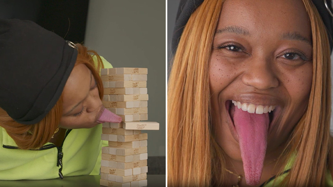 Split image of Chanel sticking out her tongue and playing Jenga with it