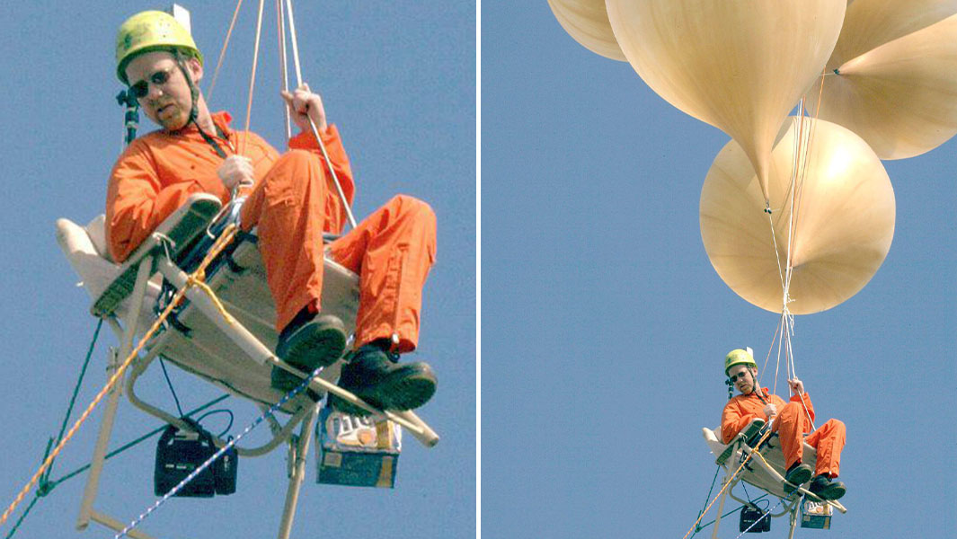 Split image of Larry Walters flying in his balloon chair