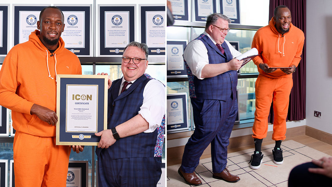 Split image of Usain Bolt being presented his ICON certificate by Guinness World Records' Craig Glenday and taking part in a quiz