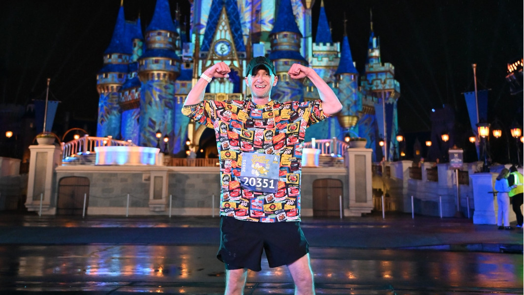 Split image of Chad Taylor after a race and his artwork