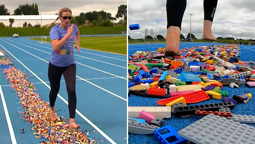 split image of Gabrielle running over LEGO bricks