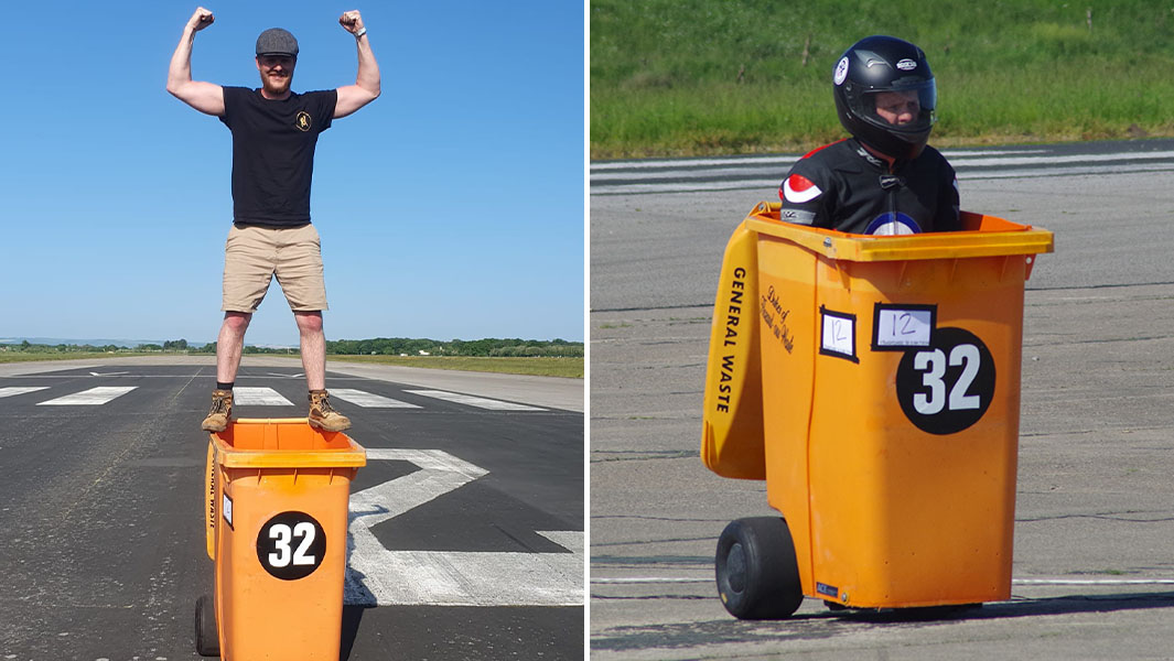 split image of a man standing on a wheelie bin and sitting in one