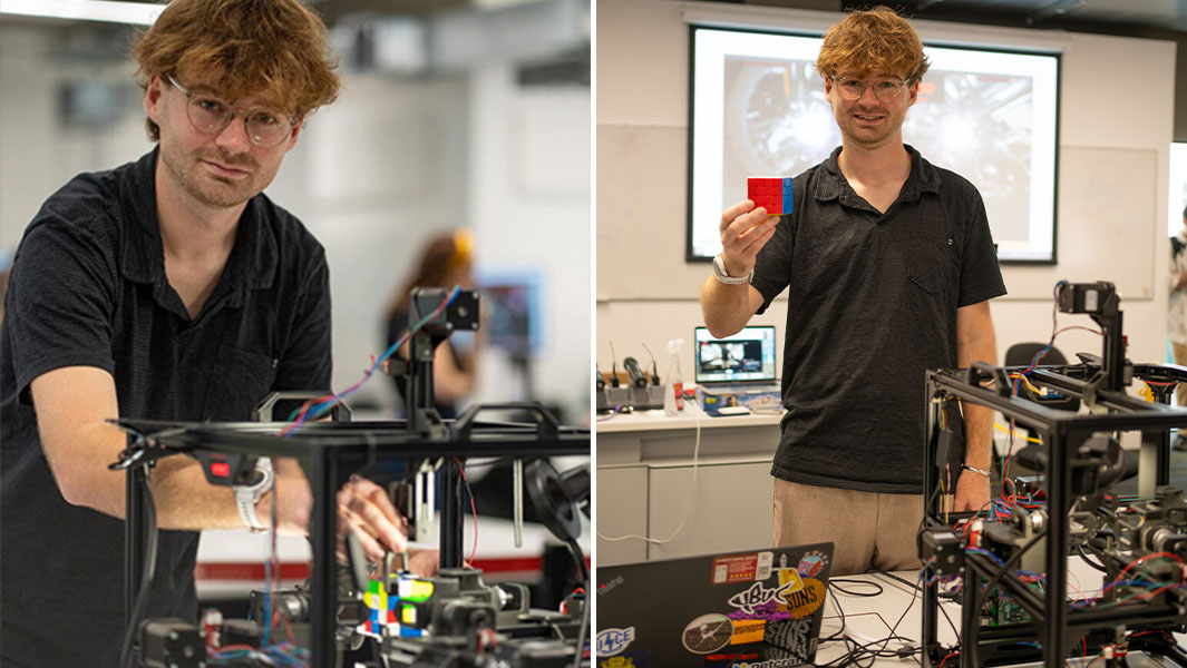 split image of man working on robot and holding solved puzzle cube