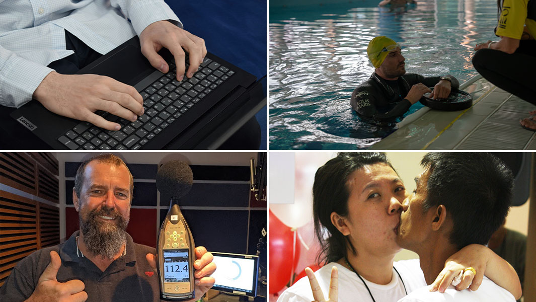 split image of someone on a computer, someone holding a decibel reader, someone in a pool and two people kissing