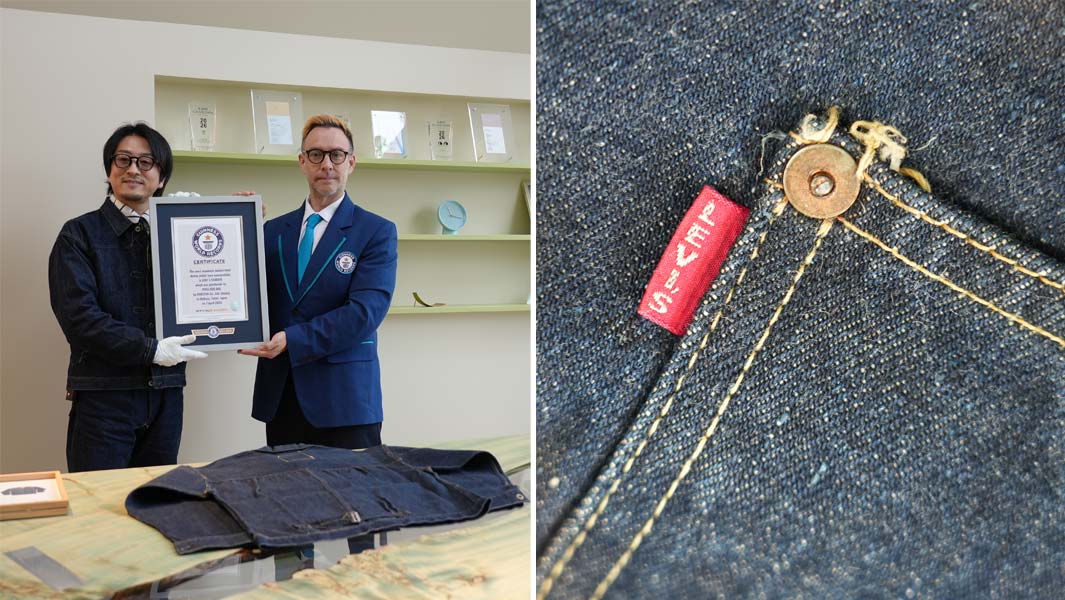 Split image of most expensive denim jacket certificate presentation and levis red patch