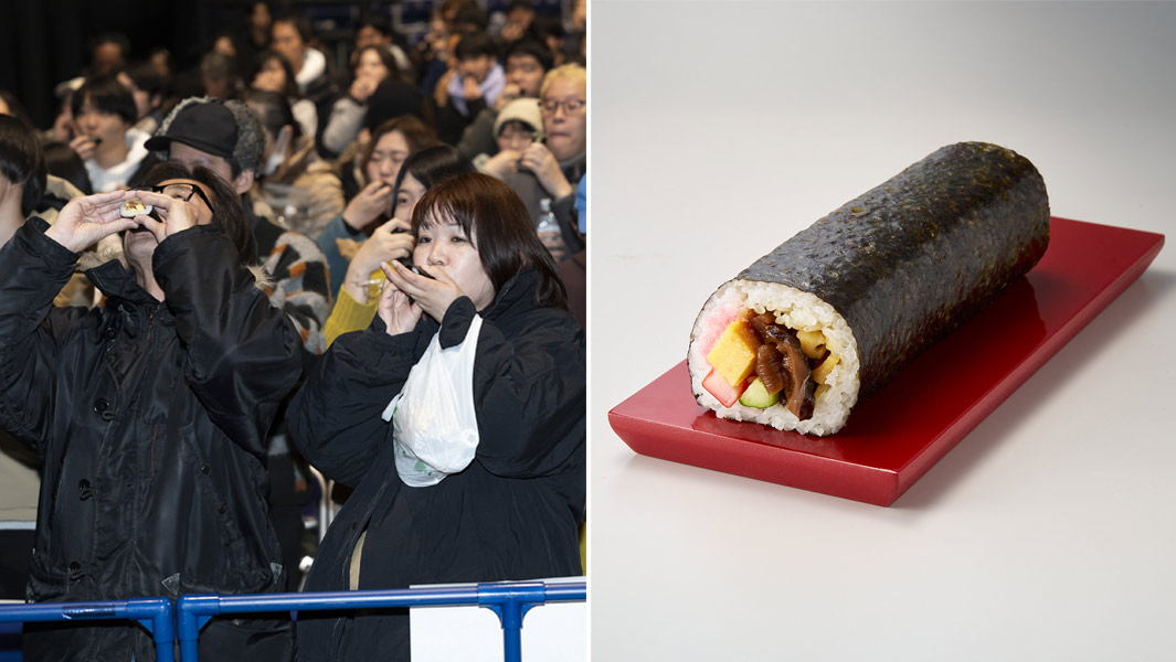 Ehomaki thumbnail split image of people eating ehomaki and close up shot of ehomaki